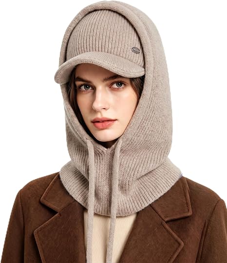 Peicees Knitted Balaclava with Winter Visor Womens Hooded Scarf Hat - string light
