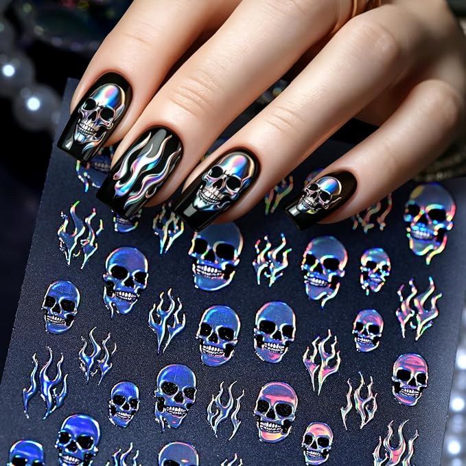 Silver Glitter Skull Flame Nail Art Stickers, Sparkly Halloween Nail Decals, Gothic Punk Nail Art Accessories for DIY Manicure Decorations 1PCS - skull sticker