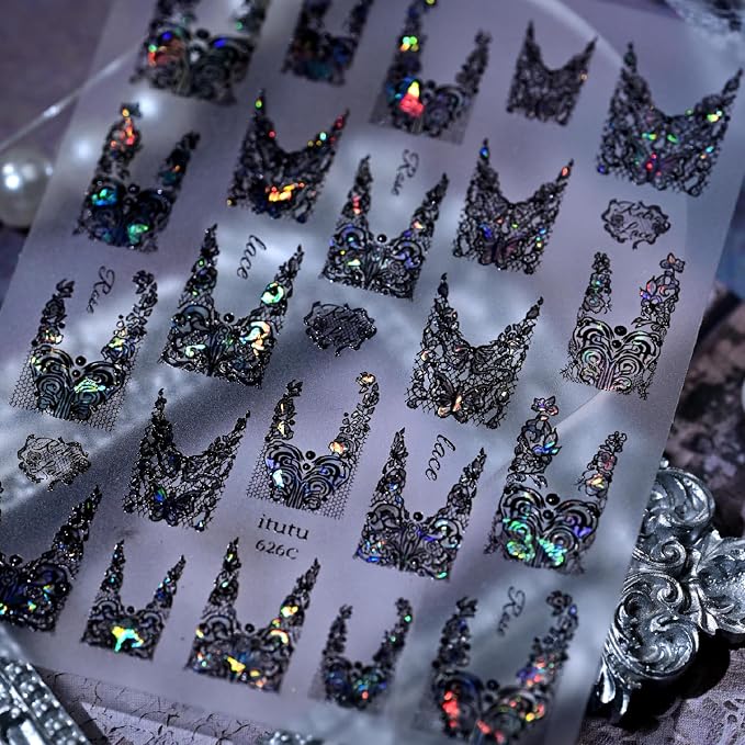 Black Lace Nail Art Stickers Holographic Vintage Floral Nail Decals, Gothic Elegant Nail Art Accessories for Women Halloween Manicure Decorations 1PCS - skull sticker