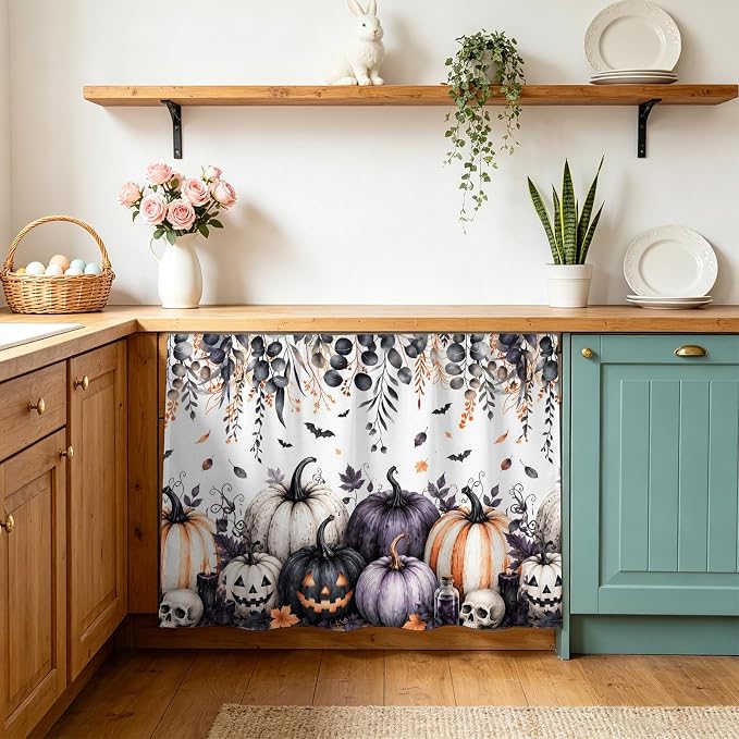 Halloween Cabinet Curtains for Kitchen, Rustic Purple White Orange Carved Pumpkin Human Skull Shelf Curtain for Storage Cubes, Curtains for Cabinets with Magic Tape, 10" W x 11" L - skull sticker