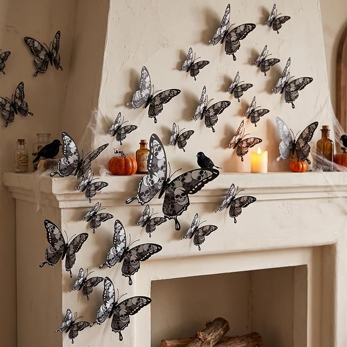 36 PCS Halloween Black-White Skull Butterfly Wall Sticker for Home Decor - skull sticker
