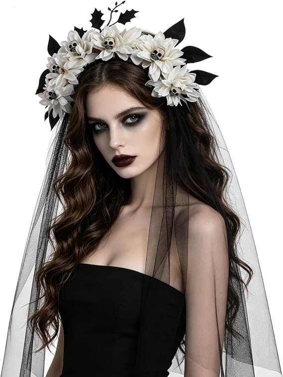 SIQITECHNO Skull Flower Crown Headband with Veil for Halloween Cosplay - skull headband