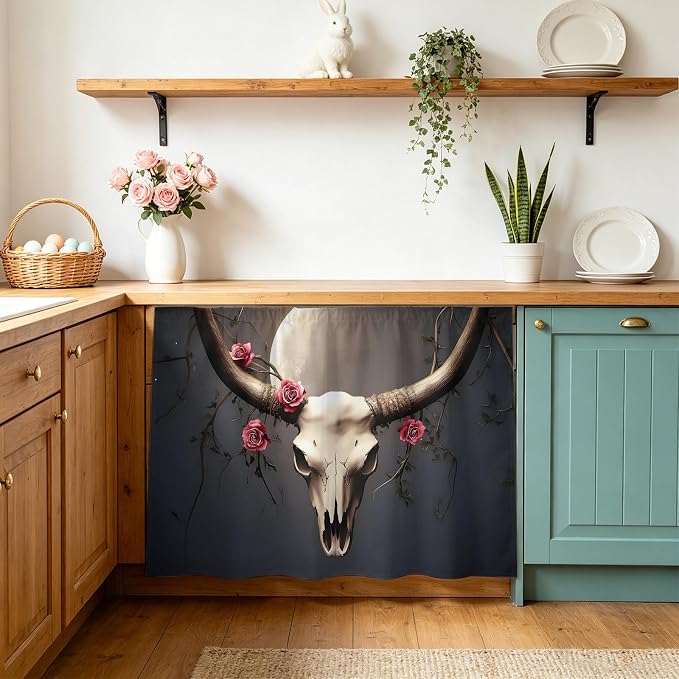 Bull Skull Cabinet Curtains for Kitchen, Red Roses Western Bone Mystical Gray Night Goth Shelf Curtain for Mini Storage Cabinets, Cabinet Curtain with Magic Tape, 11" W x 13" L - skull sticker