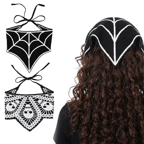 2pcs Head Scarf Crochet, Black Gothic Skull and Web Pattern - skull headband