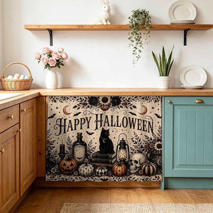 Black Cat Cabinet Curtains for Kitchen, Happy Halloween Goth Rust Dark Skulls Lanterns Flower Shelf Curtain for Mini Storage Cabinets, Cabinet Curtain with Magic Tape, 11" W x 13" L - skull sticker