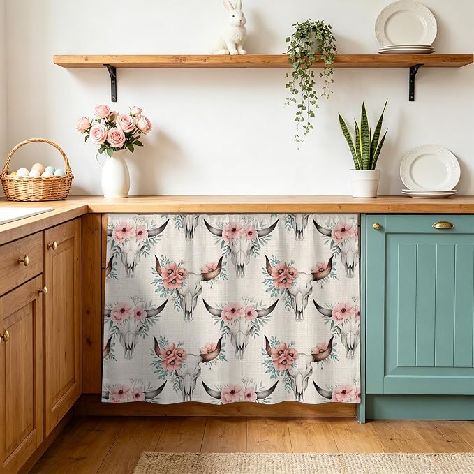 Western Cow Skulls Cabinet Curtains for Kitchen, Country Ethnic Farmhouse Vintage Pink Flowers Shelf Curtain for Storage Cubes, Curtains for Cabinets with Magic Tape, 10" W x 11" L - skull sticker