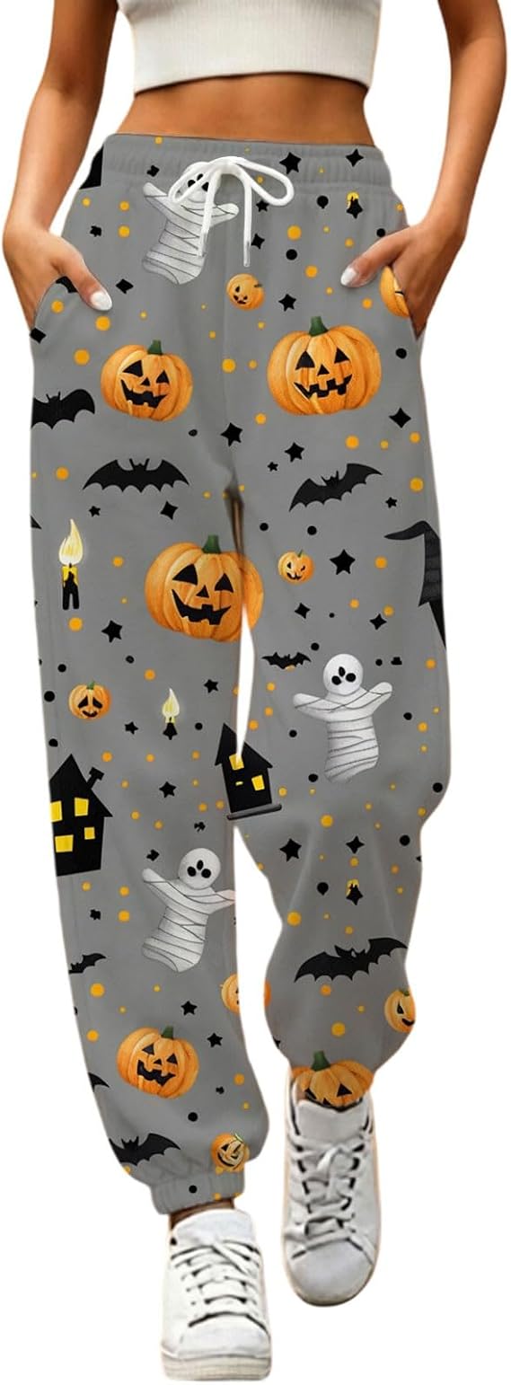 Halloween Pajama Pants Women 2026 Baggy Jogger Sweatpants Funny Pumpkin Bat Print Pj Pants Fall Loose Fit Party Costume - skull pajamas