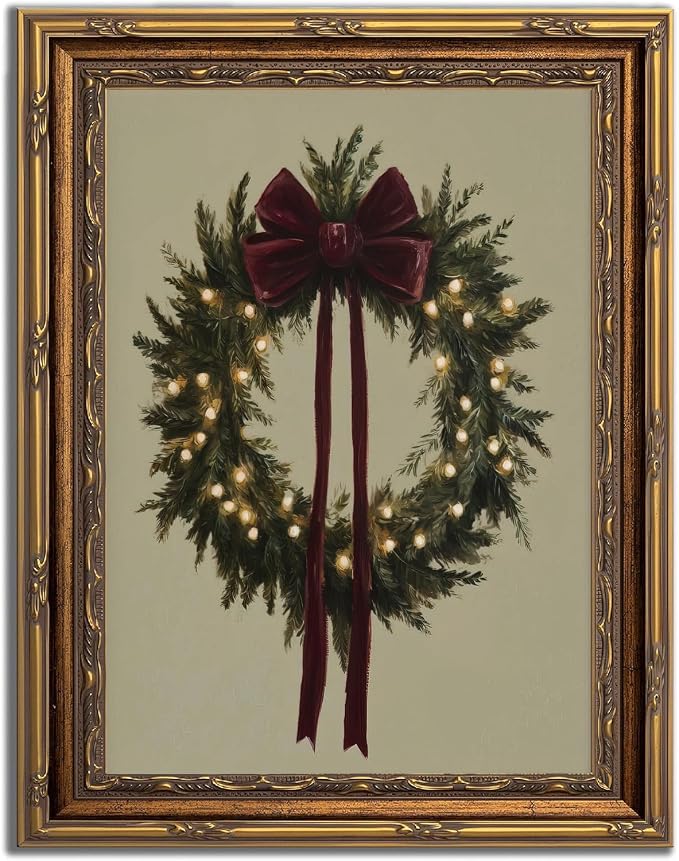 Vintage Framed Christmas Wreath with Bow Canvas Wall Art for Living Room - skull wall art