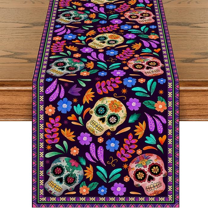 Dia De Los Muertos Placemats Set of 4, Cinco de Mayo Rustic Linen Look Mexican Sugar Skull Day of The Dead Kitchen Dining Table Decoration for Home Party Decor, 12 x 18 Inch - skull plate