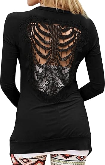 Womens Long Sleeve Open Front Back Cut Out Skull Skeleton Cardigan Tops - skull jacket