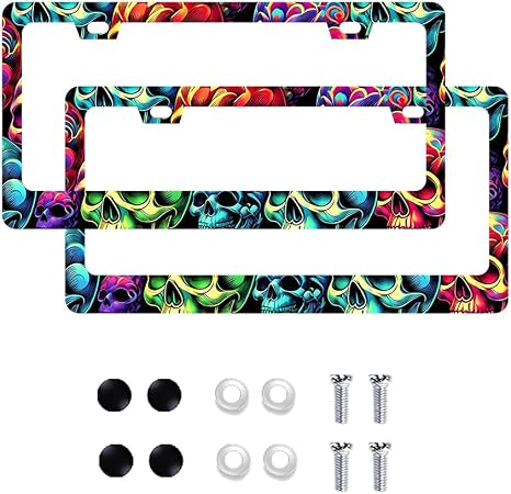 2 Pack Colorful Sugar Skull License Plate Frames, Metal Auto Tag Holder - skull plate