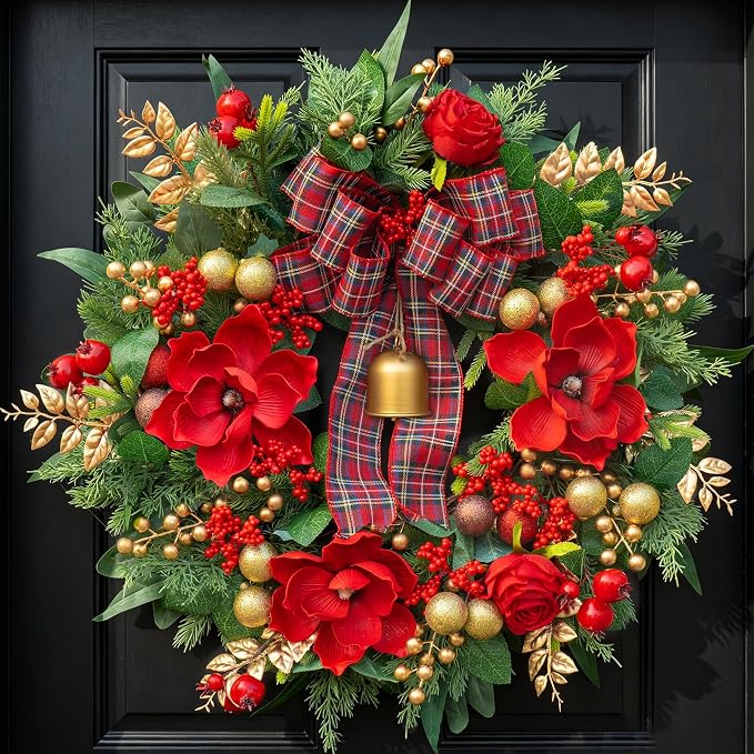 Pre-lit Christmas Wreaths for Front Door 24 Inch Red Gold Poinsettia Wreath - skull wreath