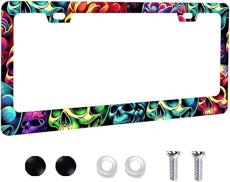 Colorful Sugar Skull License Plate Frame Metal Auto Tag Holder - skull plate