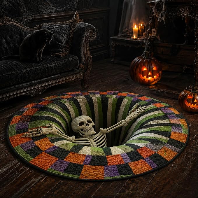 3D Halloween Rugs Optical Illusion, 31.5 Inch Skeleton Vortex Round Carpet - skull carpet