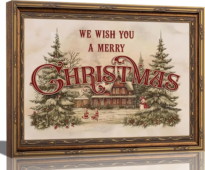 Vintage Gold Framed We Wish You a Merry Christmas Canvas Wall Art 9x11in - skull wall art