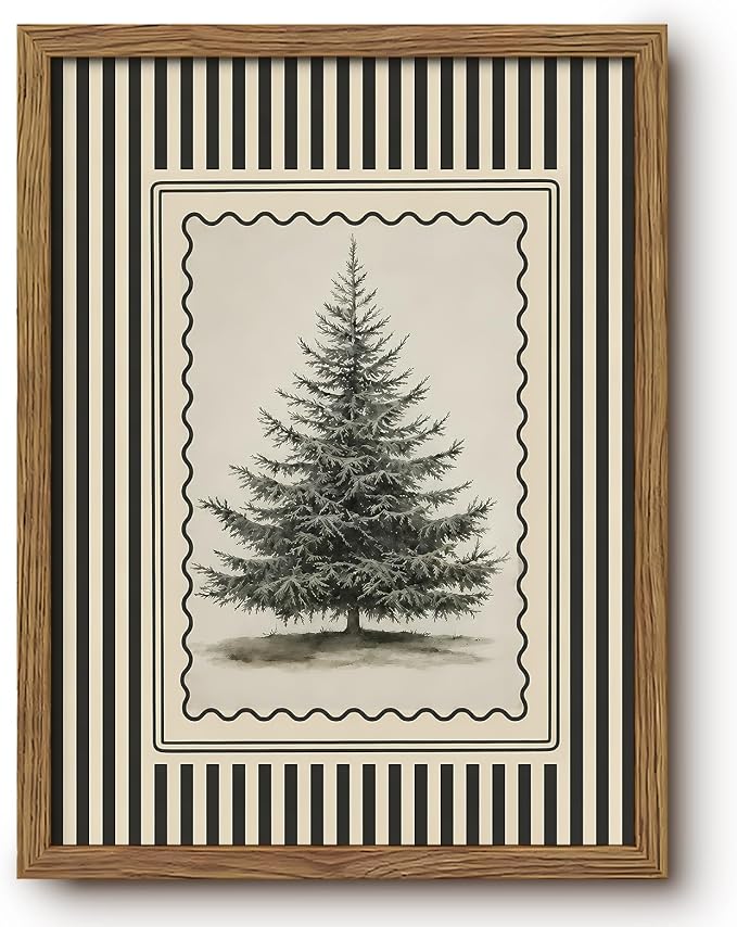 Vintage Christmas Tree Canvas Wall Art Black Striped Print Framed 16x24 In - skull wall art