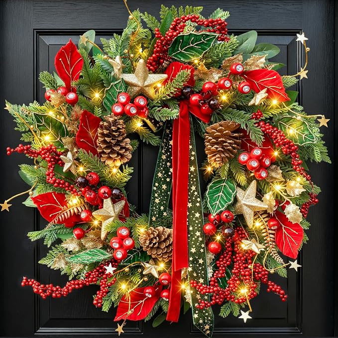 Christmas Wreaths for Front Door 24 Inch, Christmas Wreath with Lights - skull wreath