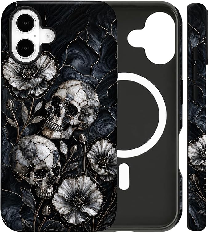 Magnetic for iPhone 16 Dark Floral Phone Case, Gothic Skull - Skull phone case