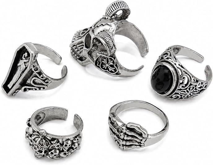 5Pcs Gothic Skull Rings Set, Vintage Silver Punk Statement Rings for Men