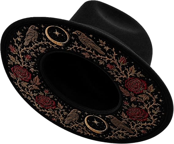 Women Gothic Wide Brim Felt Hat Halloween Party Cosplay Headwear - skull hat