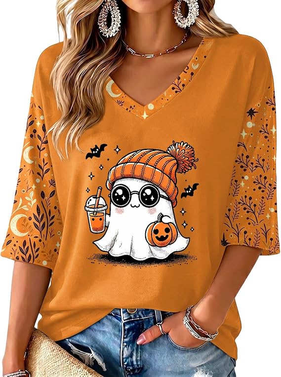 Plus Size Womens Cute Funny Halloween Tops 3/4 Sleeve Shirts - skull sweatshirts