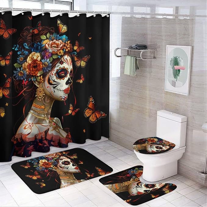Day of The Dead Skull Woman Monarch Butterfly Bathroom Set with Shower Curtain Rugs Toilet Lid Cover and Floor Mats 4 Piece - skull toilet mat