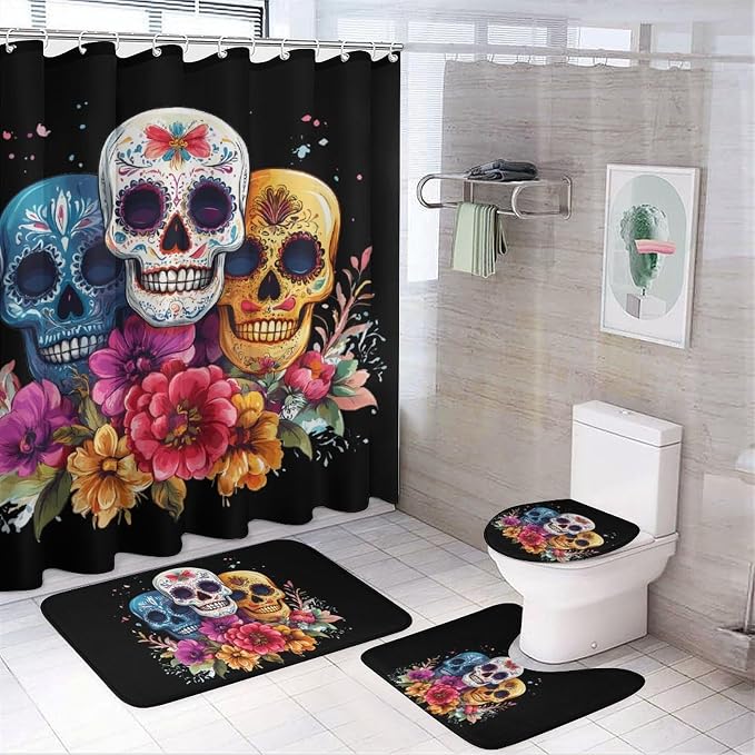 Day of The Dead Skull Flower Bathroom Set with Shower Curtain Rugs Toilet Lid Cover and Floor Mats 4 Piece - skull toilet mat