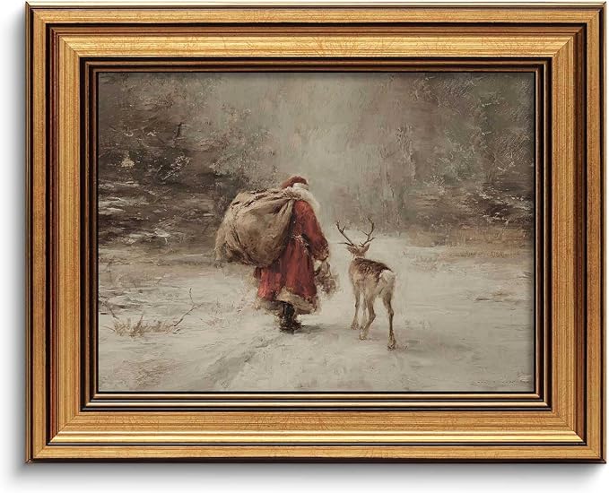 Gold Framed Christmas Wall Art, Santa and Reindeer Canvas Print, 9x11in - skull wall art