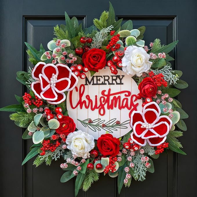 Pre Lit Christmas Wreaths for Front Door 24 Inch Xmas Wreath with Lights - skull wreath