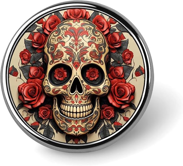 Red Rose Sugar Skull Lapel Pins Round 1 Inch Lightweight Brooch Pins - skull tshirt