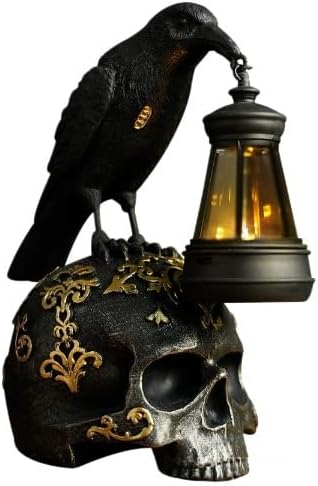 Gothic Resin Crow Statue on Raven Skull Halloween Figurine Decor，Black