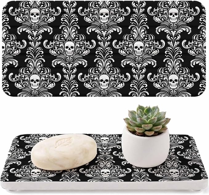 Halloween Water Absorbing Stone Drying Tray for Bathroom Sink 2 Pack Spooky Skeleton Diatomite Coasters Quick Dry Stone Mat with Wooden Feet Horror Skull Flower Black Drying Mat for Kitchen 8.3"x4" - skull coaster