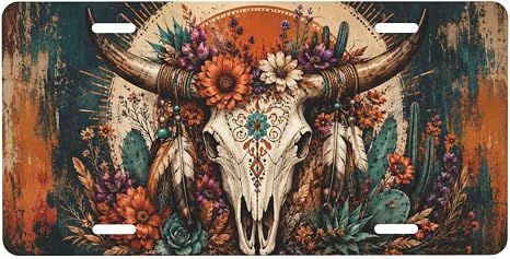 Western Cow Skull Floral License Plate - 6x12 Inch Aluminum Novelty Decorative Vanity Metal Front Car Plate for Women Men - skull plate