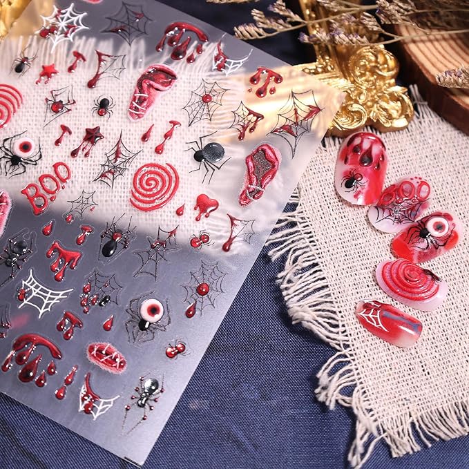 5D Embossed Halloween Nail Stickers for Nail Art Spider Web Nail Decals - skull sticker