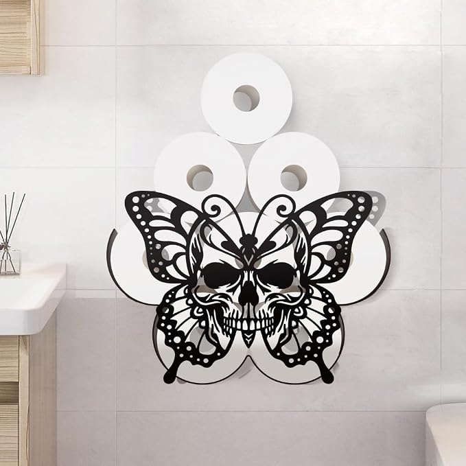 WADORN Skull Butterfly Metal Toilet Paper Holder Extra 8 Roll for Bathroom - skull toilet paper