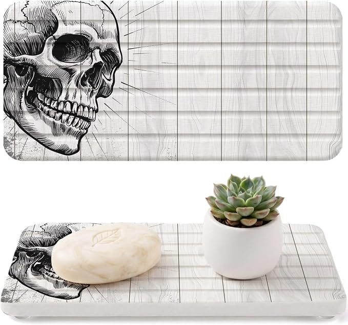 Halloween Water Absorbing Stone Drying Tray for Bathroom Sink 2 Pack Skull Diatomite Coasters Quick Dry Stone Mat with Wooden Feet Skeleton Retro Wood Grain Drying Mat for Kitchen Counter 8.3"x4" - skull coaster
