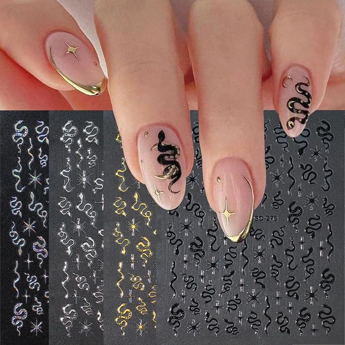 Snake Nail Stickers Gothic Nail Art Stickers Gold Silver Black Nail Design - skull sticker