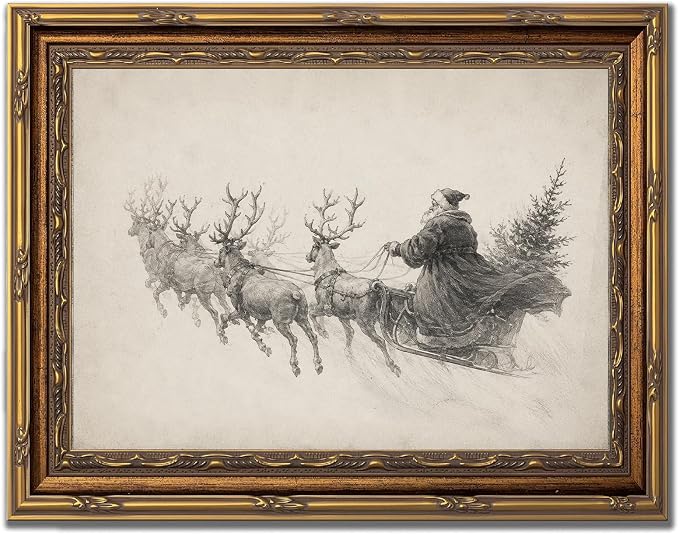 Christmas Wall Art Santa Reindeer Sleigh Vintage Gold Framed Canvas Prints - skull painting