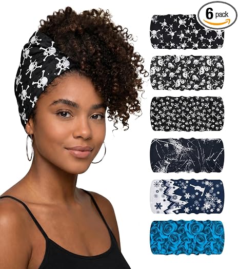 6 Pack Headbands for Women, Hair Wraps for Natural Hair (Skull) - skull headband