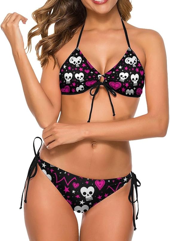 Heart of Skull Bikini Sets for Women 2 Piece Bathing Suit Halter Beachwear Swimwear - skull swimsuit