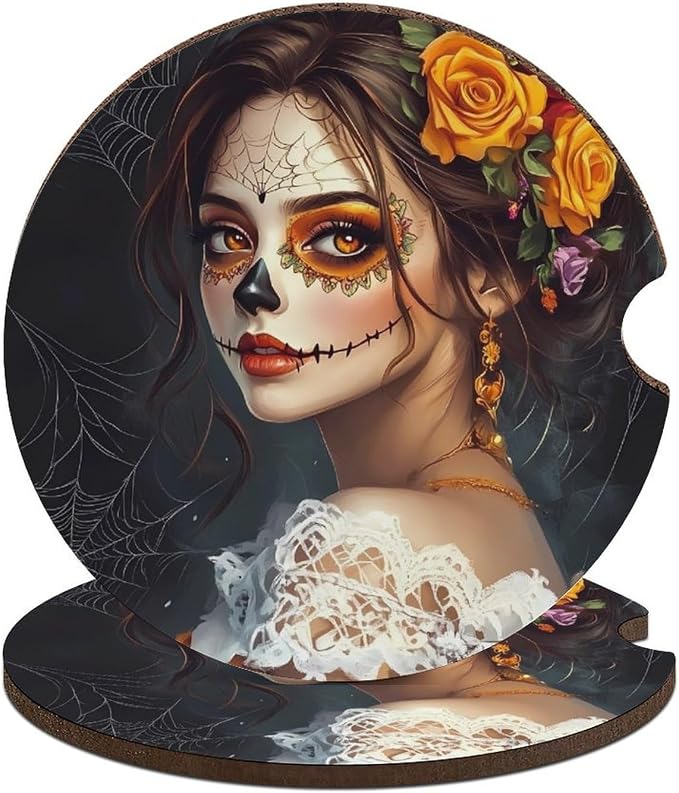 Mexican Day of The Dead Floral Skull Car Coasters for Cup Holders Wood Drink Coaster Interior Auto Accessories - skull coaster