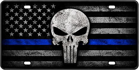 Thin Blue Line Skull American Flag Aluminum License Plate, 12 x 6 Inch Flat Metal Car Tag, Handmade - skull plate