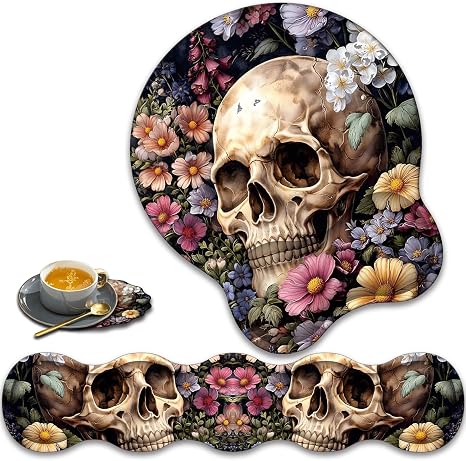 Keyboard Wrist Rest Pad + Wrist Rest Support Mouse Pad + Coaster Set, Ergonomic Relief Wrist Pain Anti-Slip Mouse Pad for Home and Office, Flower Skull - skull coaster