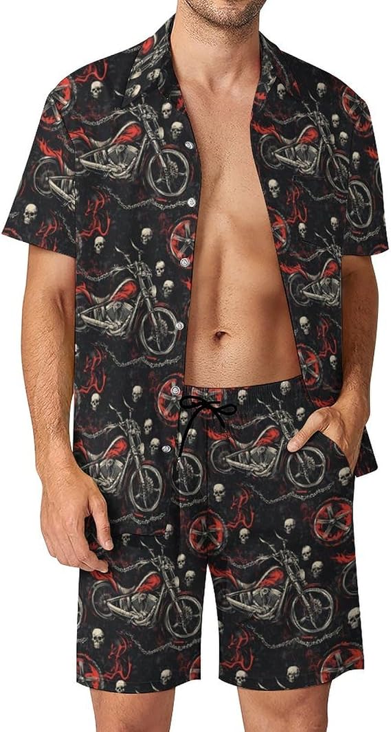 Mens Satin Pajama Set, Button Up Shirt Shorts Pjs Sleepwear - skull pajamas