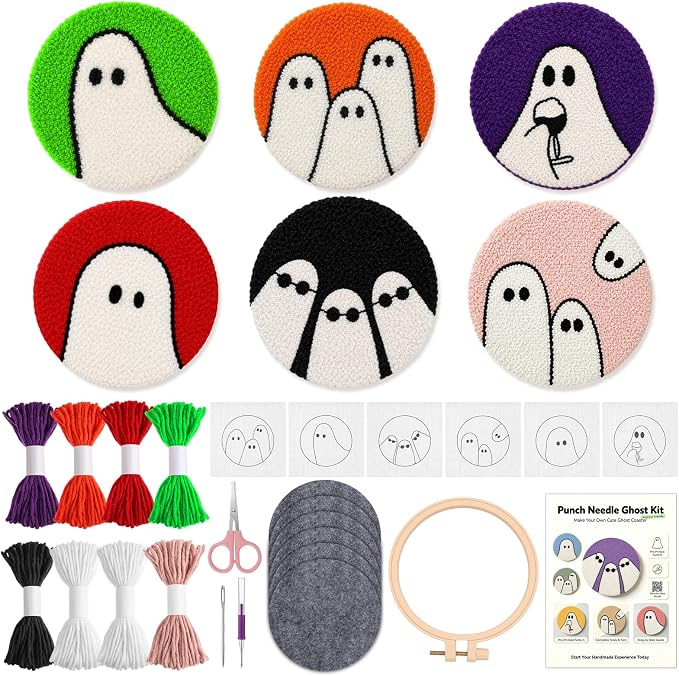 Chicplaid 6 Pcs Halloween Punch Needle Coaster Kit for Beginner, Colorful - skull coaster