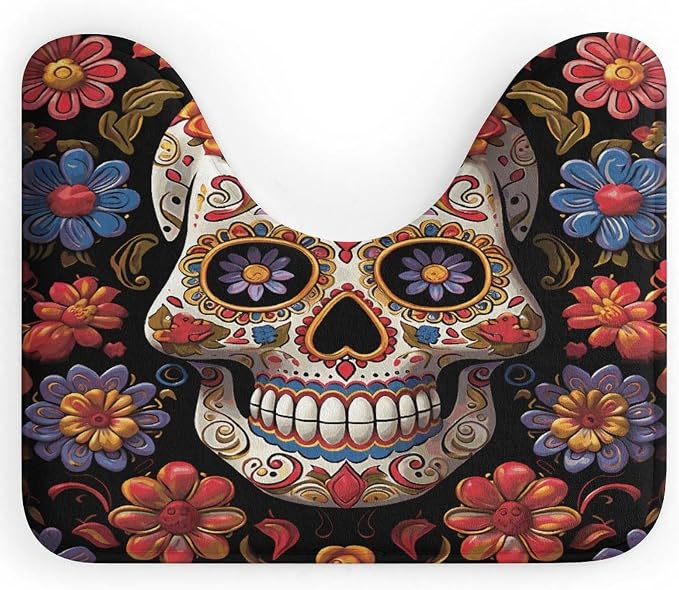 Sugar Skulls Absorbent Toilet Rug U Shaped for Bathroom Base - skull floor mat