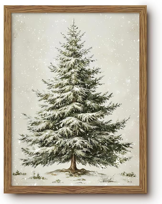 Vintage Snowy Christmas Tree Wall Art Framed Pine Tree Prints 8x10 Inch - skull painting