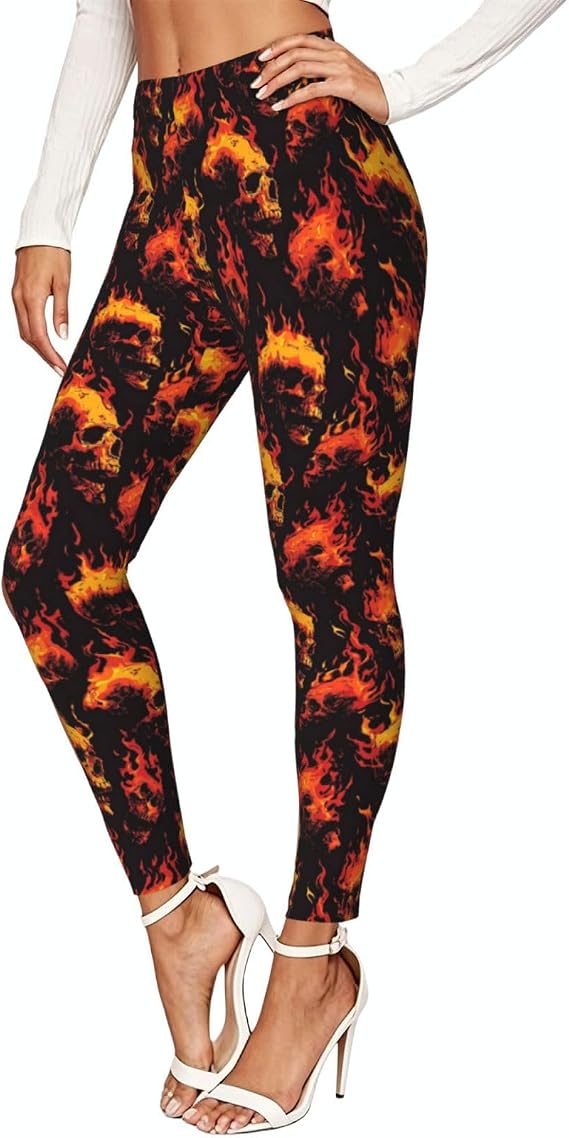 Women's High Waisted Yoga Leggings-Skulls By Flames - skull leggings