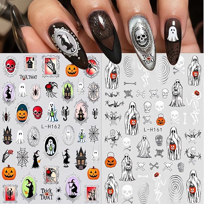 4Pcs Halloween Nail Stickers for Nail Art Skull Ghost Nail Decals Devil Eyes Pumpkin Witch Spider Web Design Sticker Gothic Skeleton Self Adhesive Horror Nail Decoration for Women Manicure Accessory - skull sticker