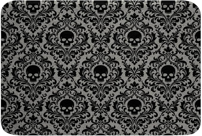 Skull Damask Bath Mats Gray Black Floral Bathroom Mats Rugs,Antique Victorian Baroque Bath Carpets,Kids Boys Girls Room Decor,Non Slip Absorbent Plush Floor Rugs, 16Wx24L Inches - skull toilet mat